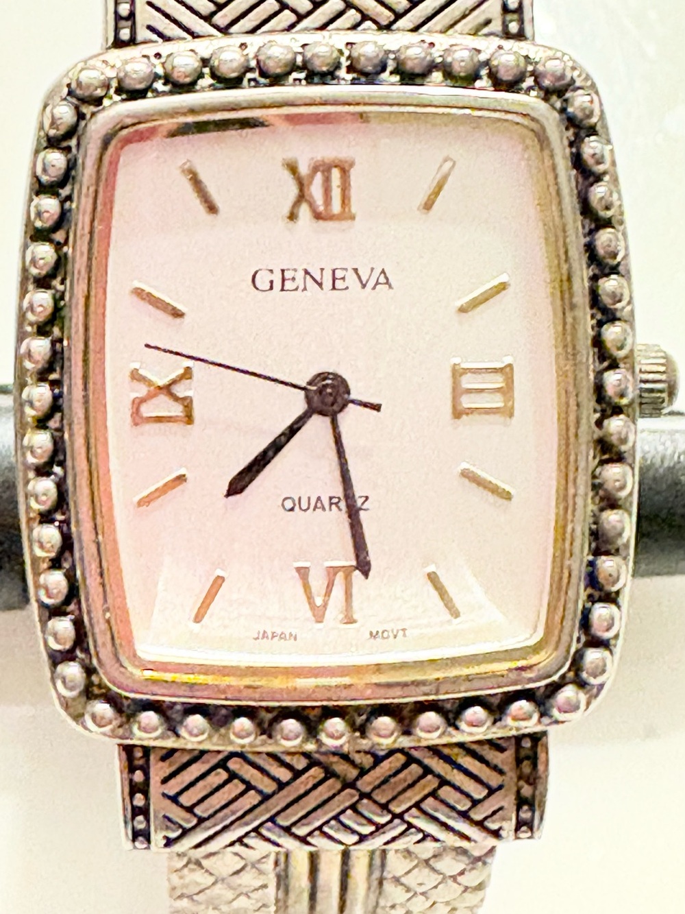 Geneva Silver and White Women's Rectangle Beaded Bracelet Watch